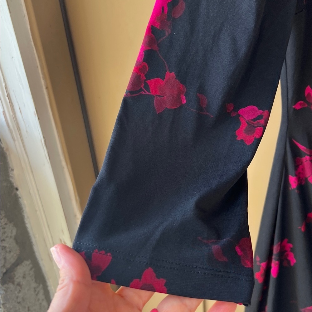 Chaps XL Black Floral Side Ruched 3/4 Sleeve Stretch Knit Midi Dress - Picture 5 of 8